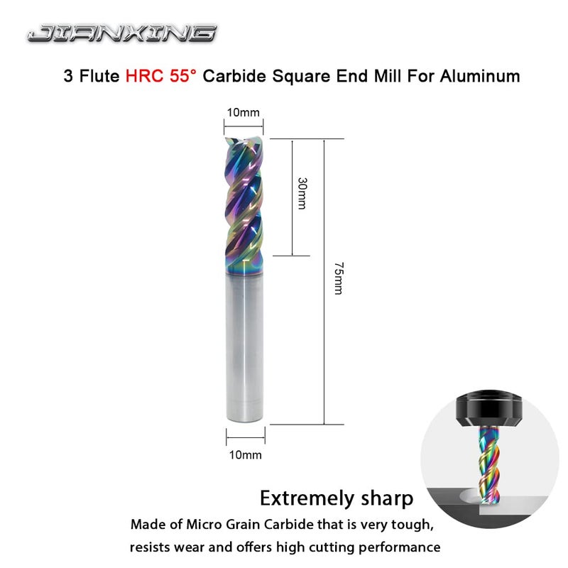 JIANXING 10mm Carbide Square End Mill for Aluminum & Copper Applications, 3-Flute, HRC 55 Deg, 10mm Cutting Diameter, 75mm Length, 10mm Shank,DLC Coating, CNC Router Bits (1 Pieces) - Image 2